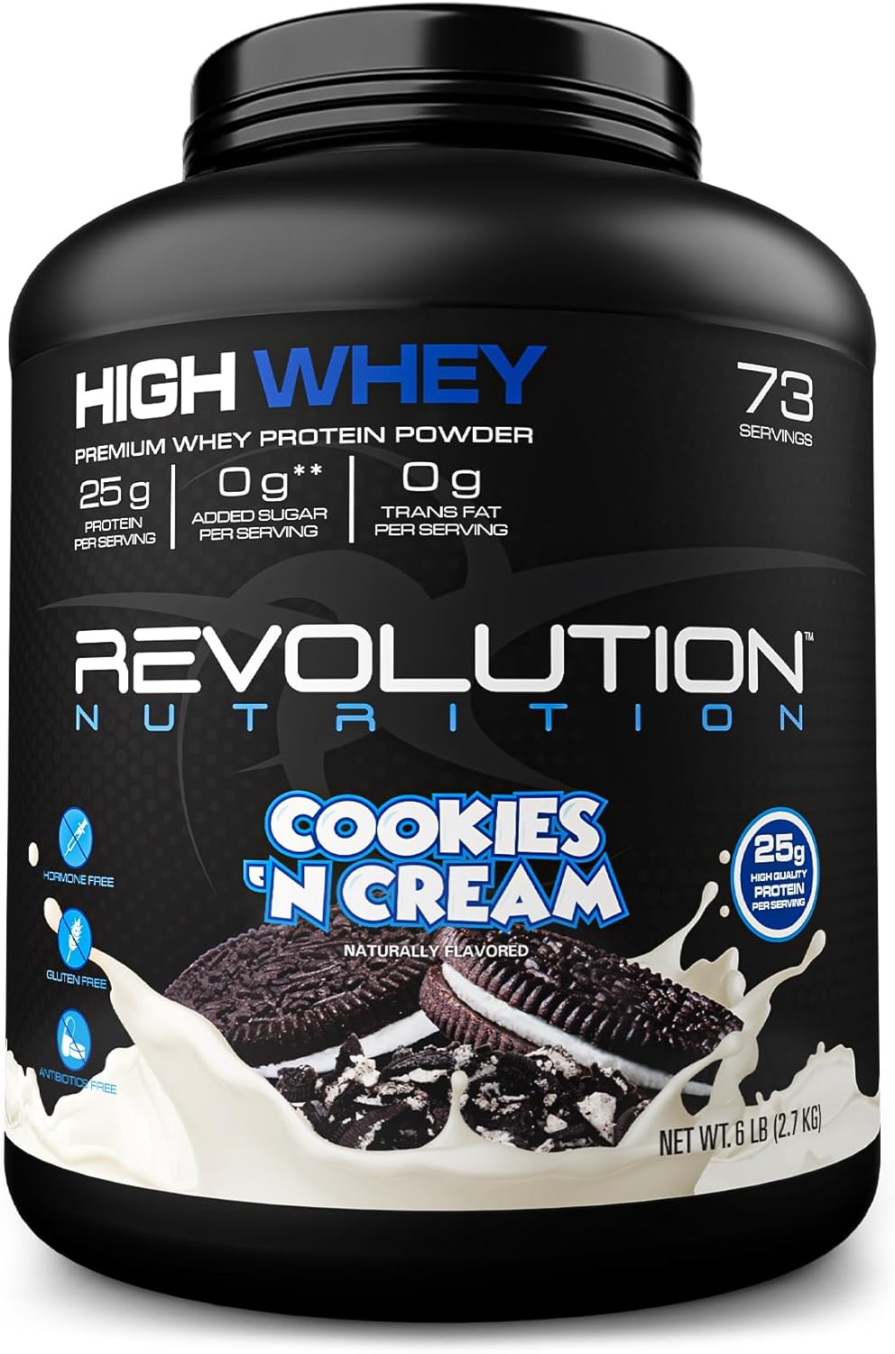 Revolution Nutrition, High Whey, Protein Powder 6LB, Whey Isolate, Gluten Free, Lean Muscle Mass for Men & Women, 25g of Protein Per Scoop, 2.7kg, 73 Servings (Cookies & Cream, 6 Pound)