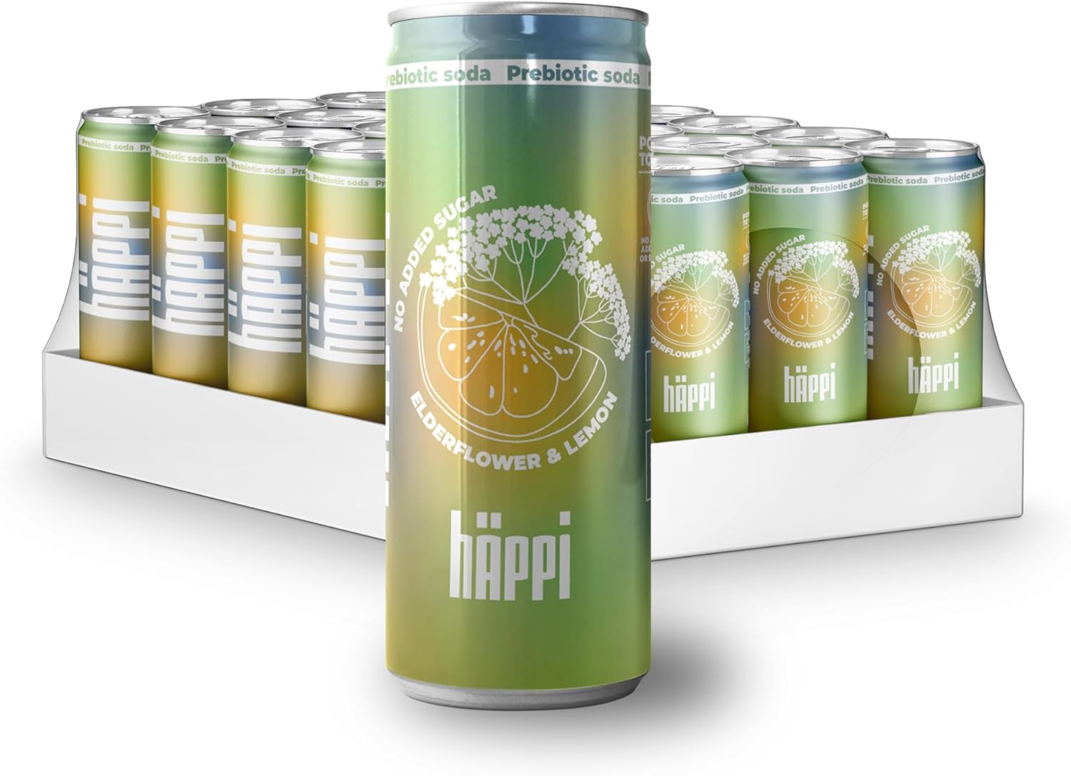 hÄppi Prebiotic Soda from Sweden, Elderflower/Lemon. Tasty & Low Calorie Drink for all occasions. Seasonal Lemonade for great Gut Health, 12 pack