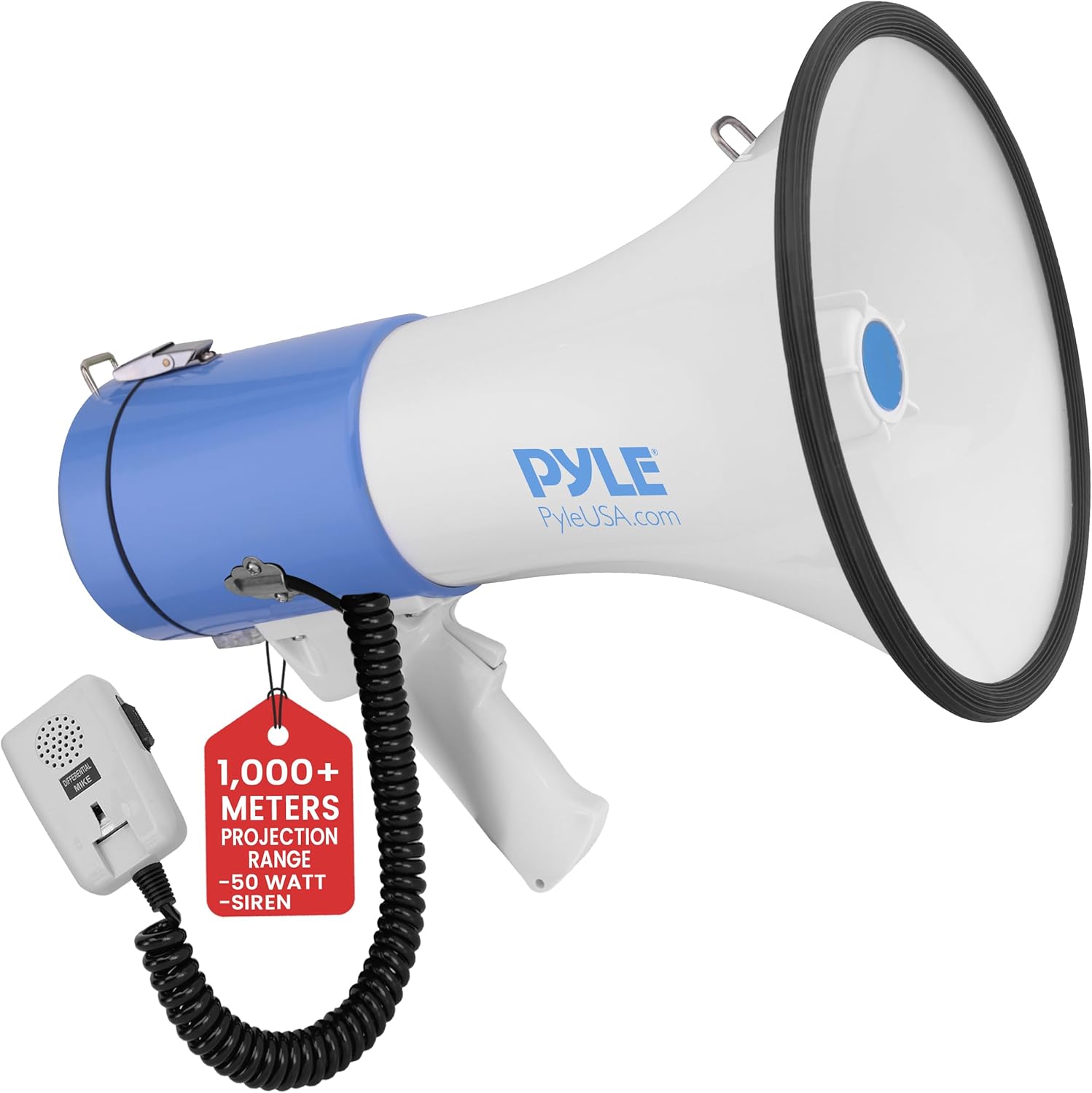Pyle 50W Megaphone Speaker with Microphone, Loud Bullhorn Megaphones with Siren & Adjustable Volume