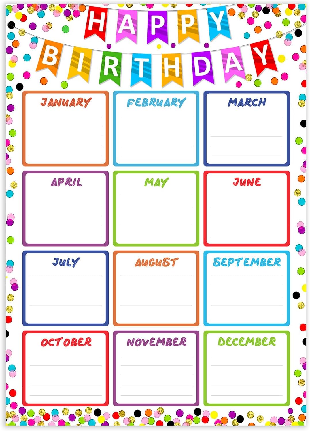 JUESMOS Confetti Happy Birthday Chart Poster for Classroom - Birthday Gifts Class Birthday Calendar Posters for Classroom Birthday Bulletin Board Decorations Back To School Teacher Supplies