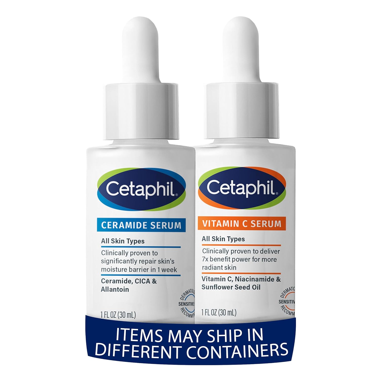 Cetaphil Vitamin C Serum, Reduces Look of Dark Spots, Fragrance Free 1oz + Ceramide Serum, Hydrates and Restores Skin Barrier, Designed for Sensitive Skin, 1oz Bundle