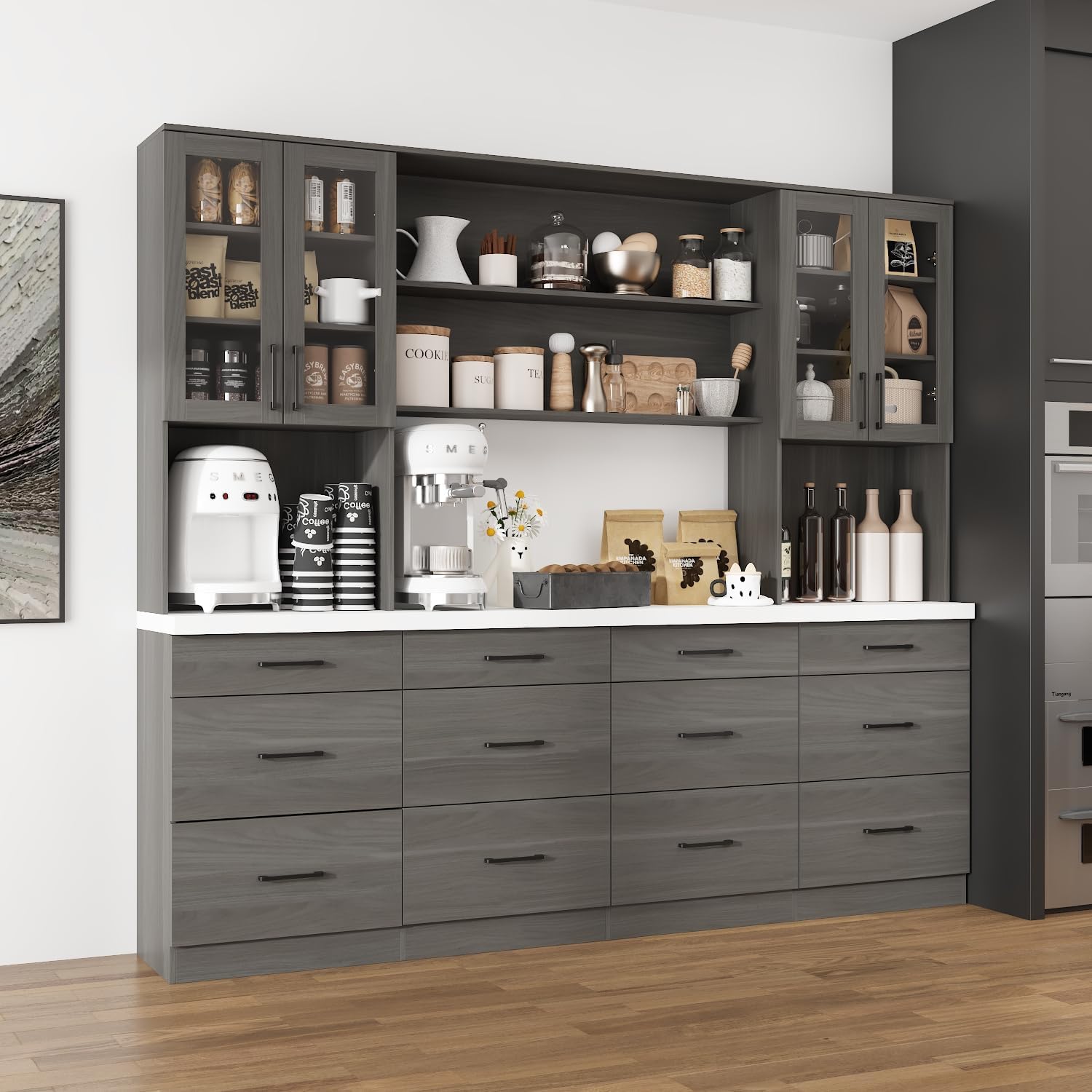 Large Garage Storage System with 12 Drawers, 94.5" W Glass Doors Workshop Cabinet Set with Thicken Countertop, Utility Bookshelf Pantry Cabinet for Home Office Shopping Malls Console, Grey