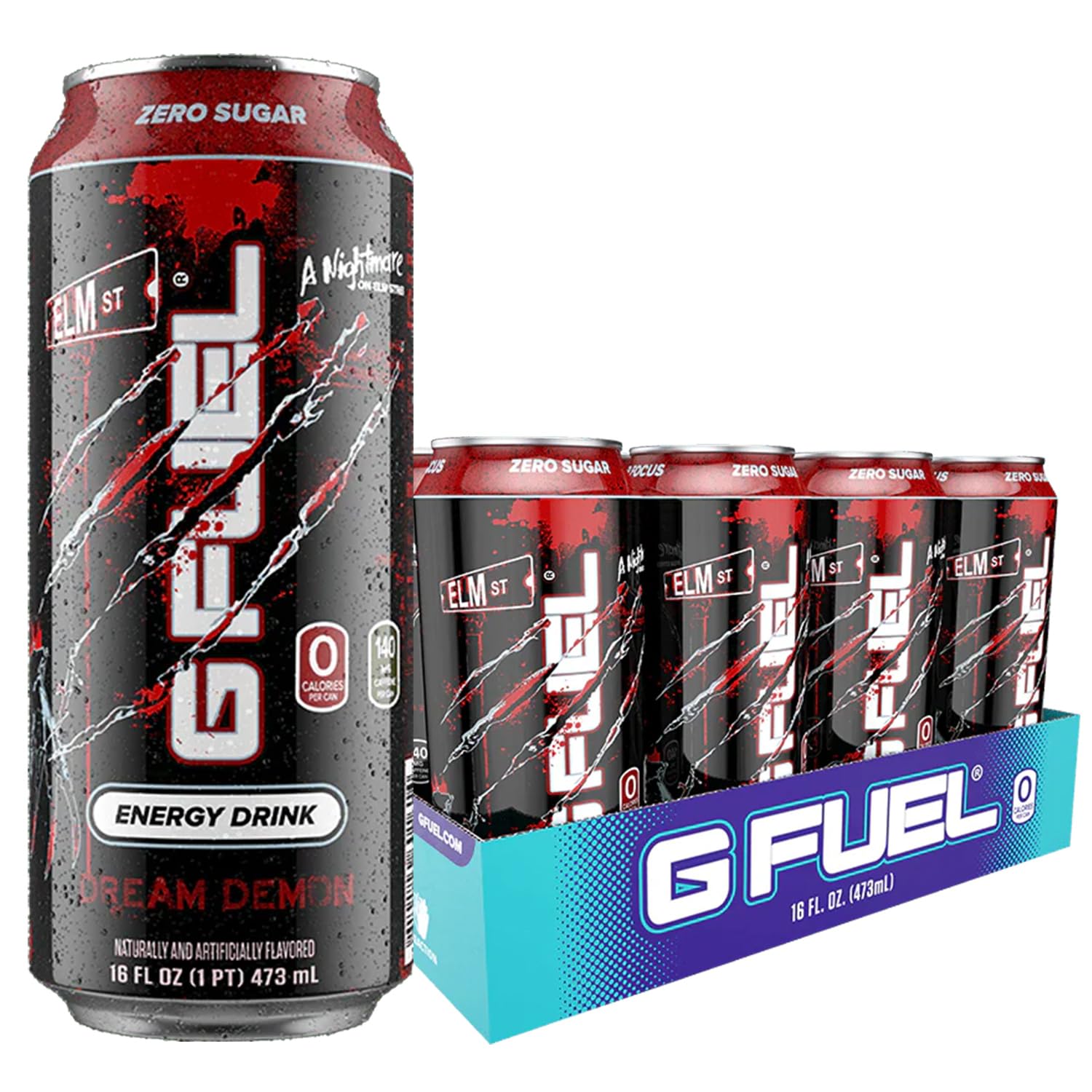 G Fuel Energy Drink, Fruit Punch, Sugar Free Beverage with 140mg Caffeine, Daily Energy Boost with Focus Amino, Vitamin + Antioxidants, 16 oz Cans (Nightmare on Elm Street, 12-Pack)