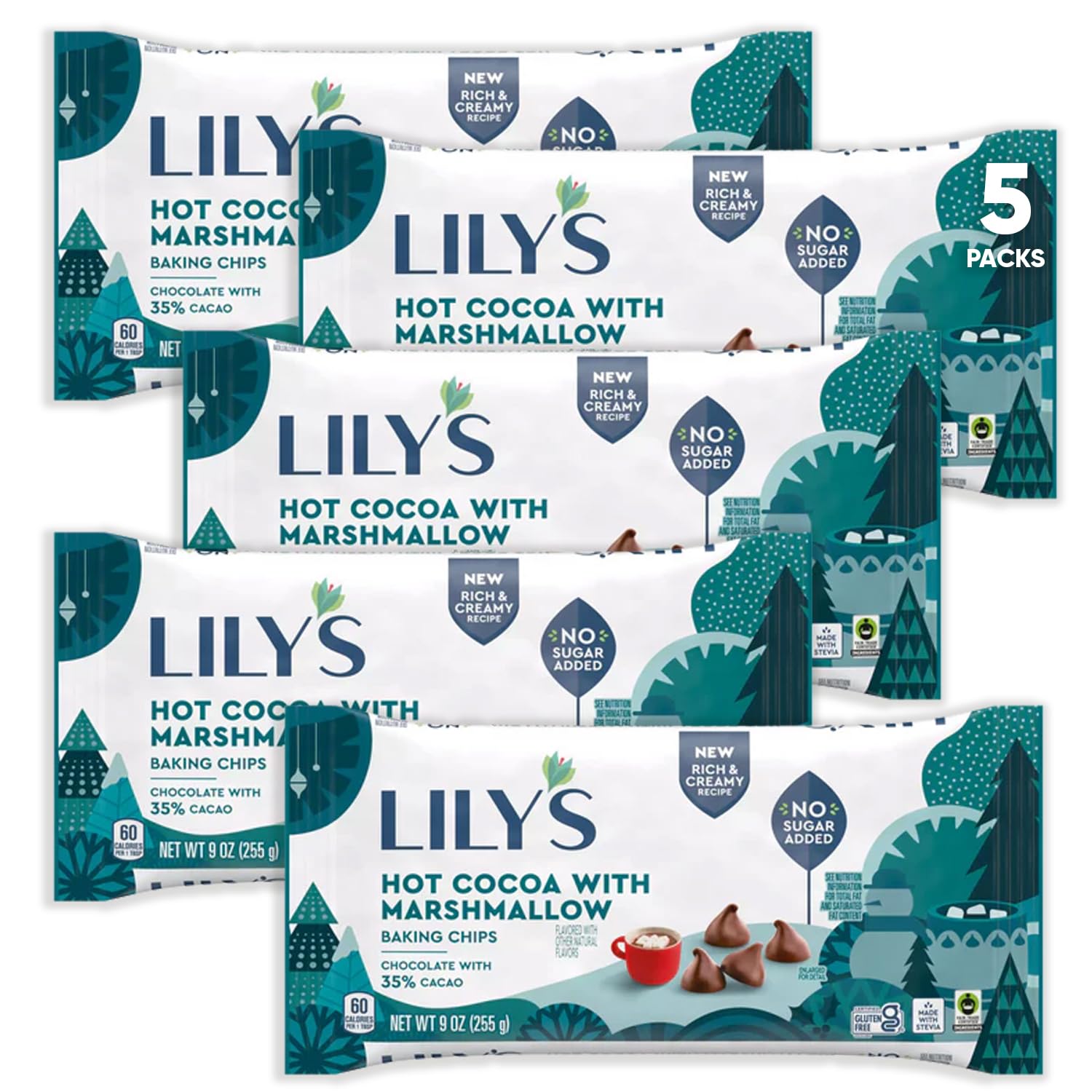 Lilys Hot Cocoa with Marshmallow Flavor Baking Chips 5 packs - No Sugar, Low Carb, Rich & Creamy 35% Cacao, Stevia Hot Chocolate Baked Chips for Baking