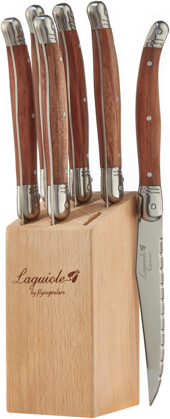 Laguiole By FlyingColors Steak Knife Set, Micro Serrated Blade, Stainless Steel, Wood Block, Wood Handle, 6 Pieces