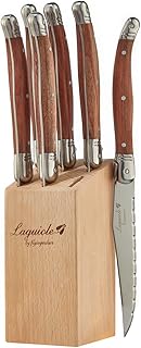 Laguiole By FlyingColors Steak Knife Set, Micro Serrated Blade, Stainless Steel, Wood Block, Wood Handle, 6 Pieces