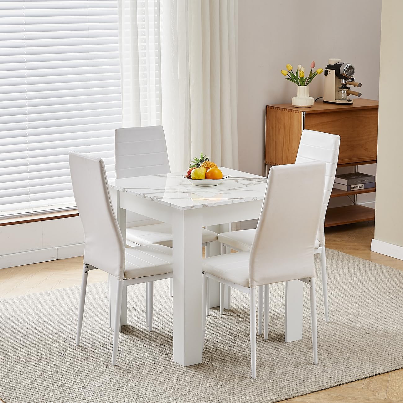 Small Dining Table and 4 Chairs, 4 Seater Table and Chairs Set for 4, Compact Kitchen Dining Room Set for Space Saving, Wood Table, Glossing Tabletop Marble-White (4 Chairs, PVC Eggshell White)
