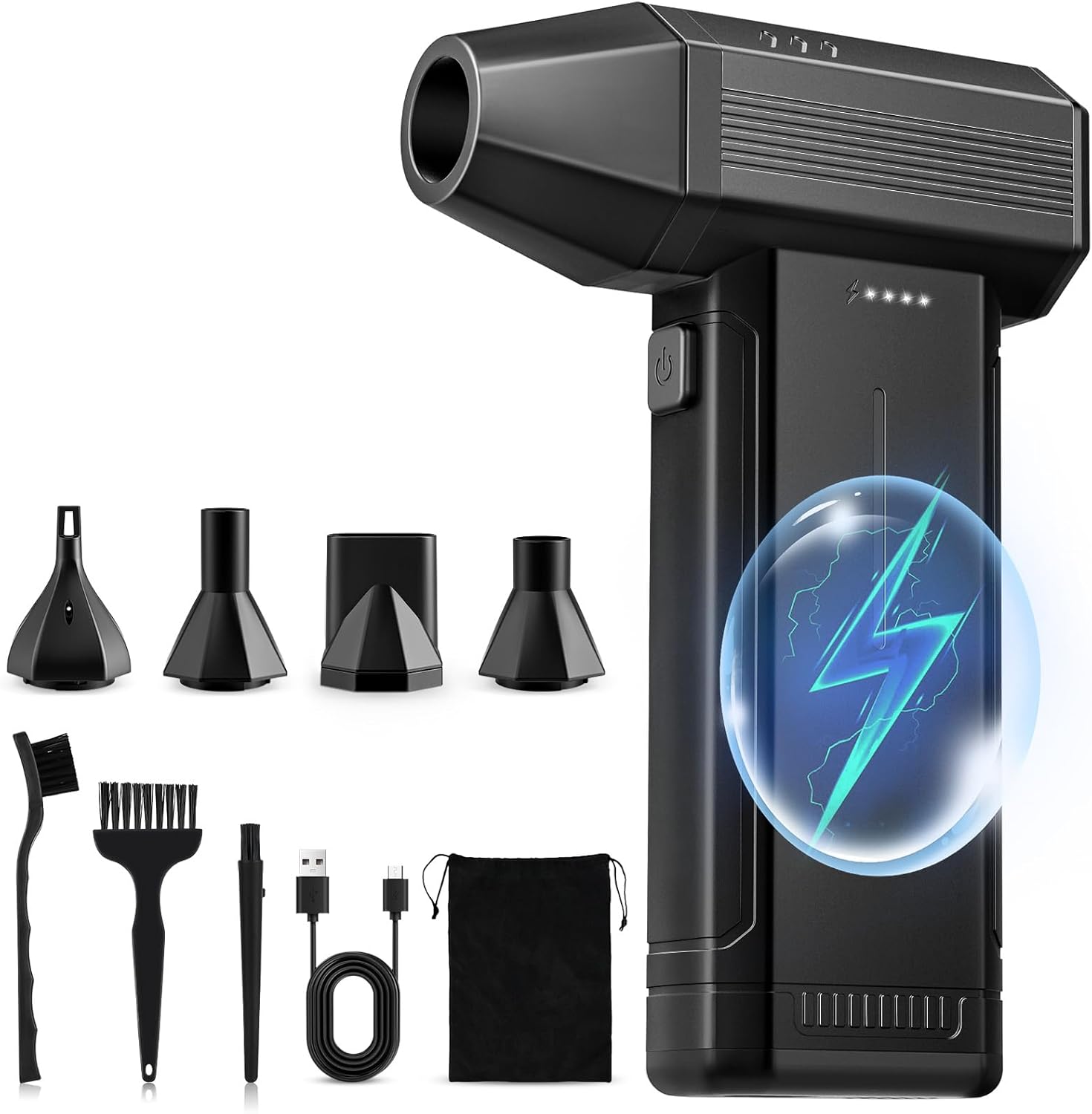 Compressed Air Duster, 150000RPM Super Power Cordless Compressed Air Cleaner for PC, 3 Gear Air Blower with LED Light, Replace Canned Mini Dust Blower with 5 Nozzles for Laptop, Keyboard, Car