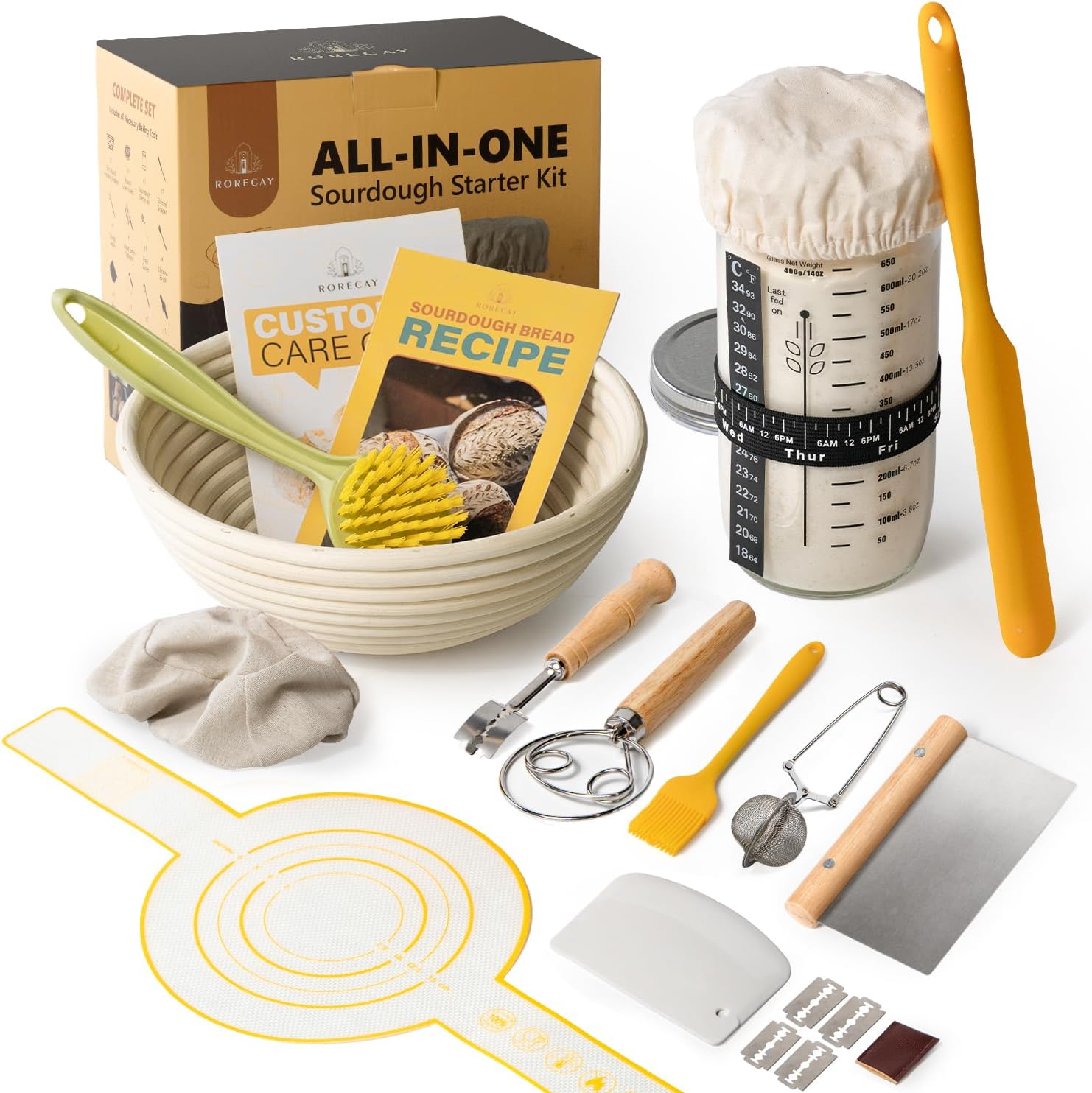 Rorecay Sourdough Starter Kit with Banneton Bread Proofing Baskets and Jar