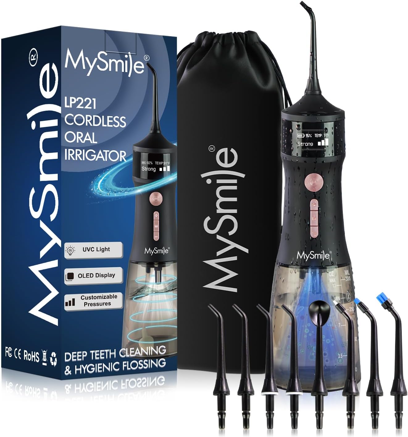 MySmile Powerful Cordless 350ML Water Flosser Portable OLED Display Dental Oral Irrigator with 5 Pressure Modes 8 Replaceable Jet Tips and Storage Bag for Home Travel Use (Midnight Black)