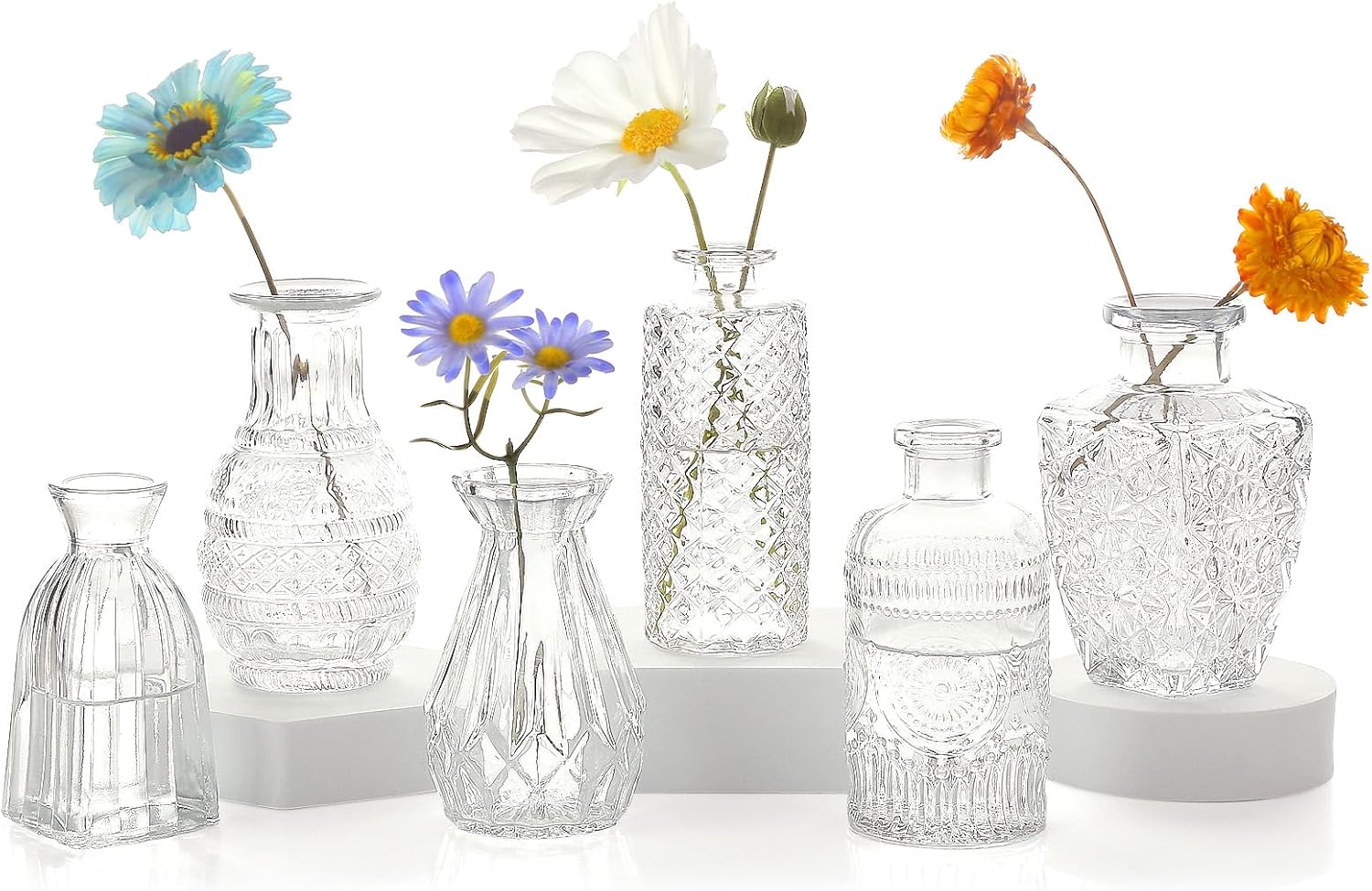 6Pcs Small Clear Glass Bud Vases, Vintage Mini Flower Vases for Wedding, Centerpieces, Home & Table Decoration
