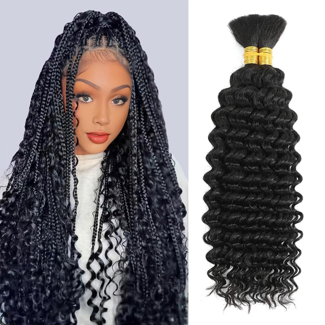 Human Braiding Hair for Boho Braids 12A Deep Water Wave Bulk Human Hair for Braiding No Weft Wet and Wavy Curly Human Hair Extensions (1B-Natural Black-Deep, 110g-18 Inch)