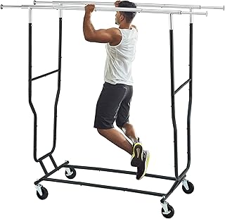 Tajsoon Clothes Rack Heavy Duty Rolling Garment Rack with Wheels and Extendable Double Rods, Collapsible Clothing Racks For Hanging Clothes, Adjustable Commercial Clothes Rack with Shelf, Black