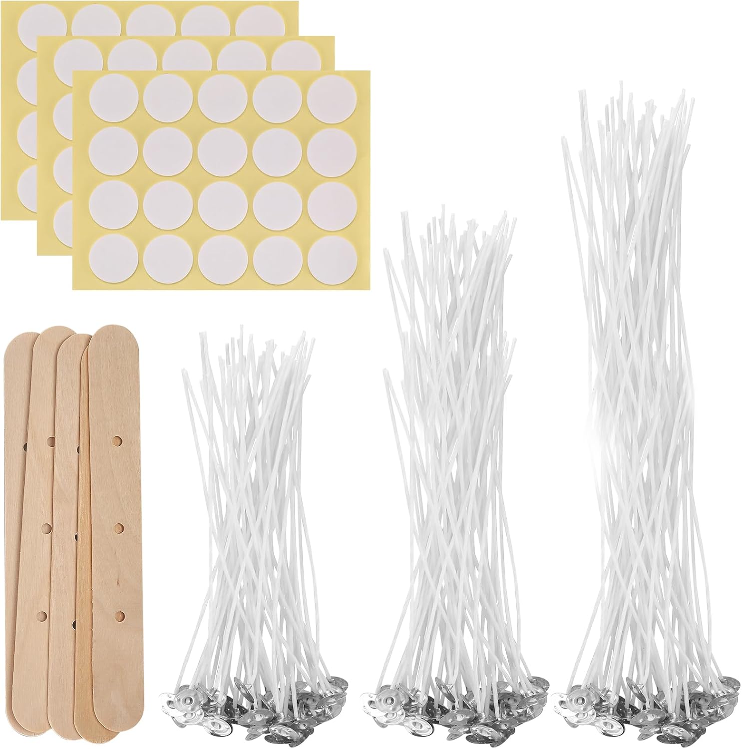 Candle Wicks for Making Candles, 150 Pcs 10cm/15cm/20cm Cotton Pre Waxed Candle Wicks with 5 Pcs Candle Wick Holders & 3 Sheets Dot Stickers, for Candle Making, DIY Candle Crafts