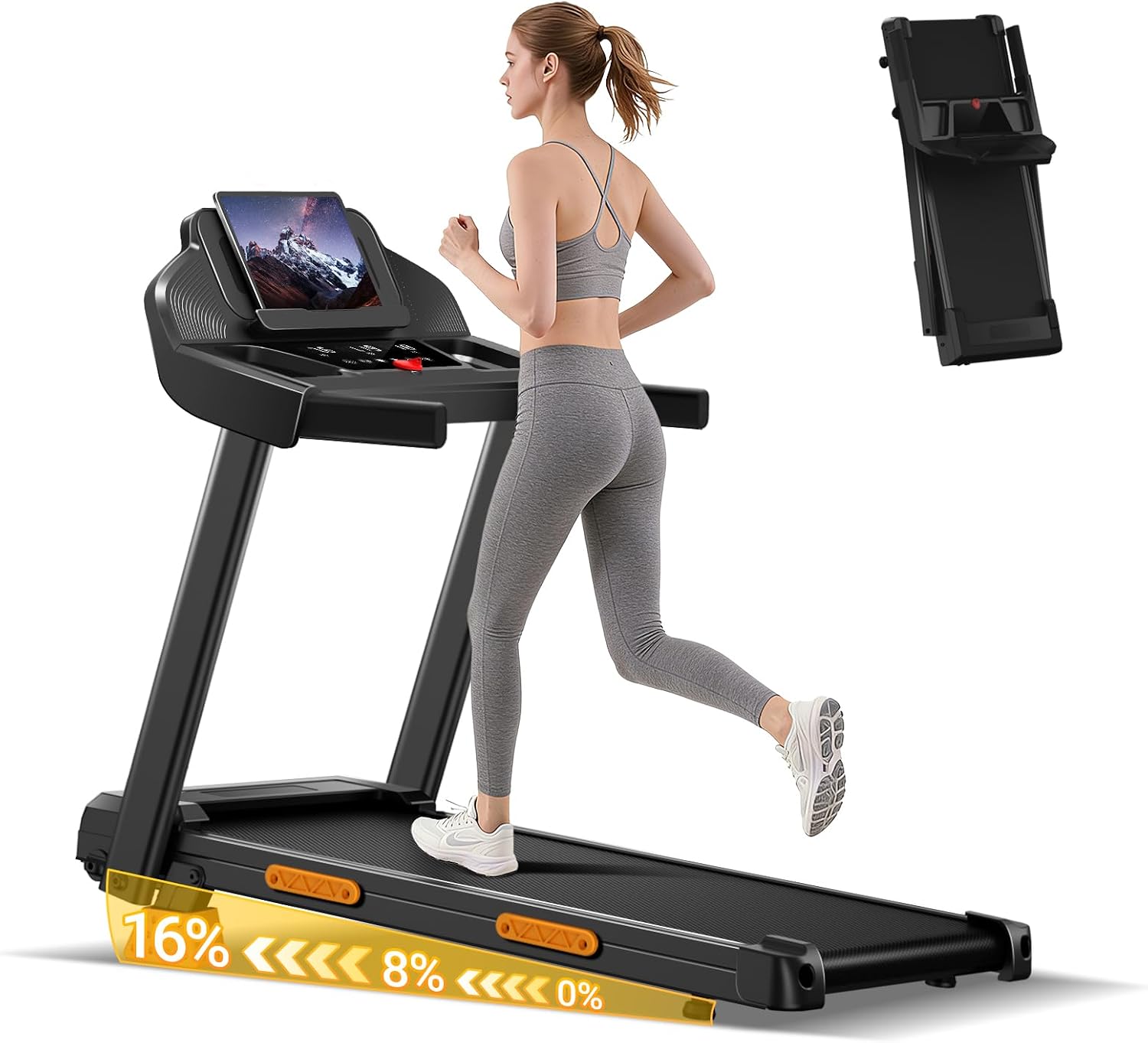 Folding Treadmill with 16% Incline, Foldable Treadmill 12KM/H for Home | 3.0HP Powerful Motor, 180KG Capacity, 3 Screen LED Display & 12 Programs, 4-in-1 Mode for Home Office, 7-layer Running belt