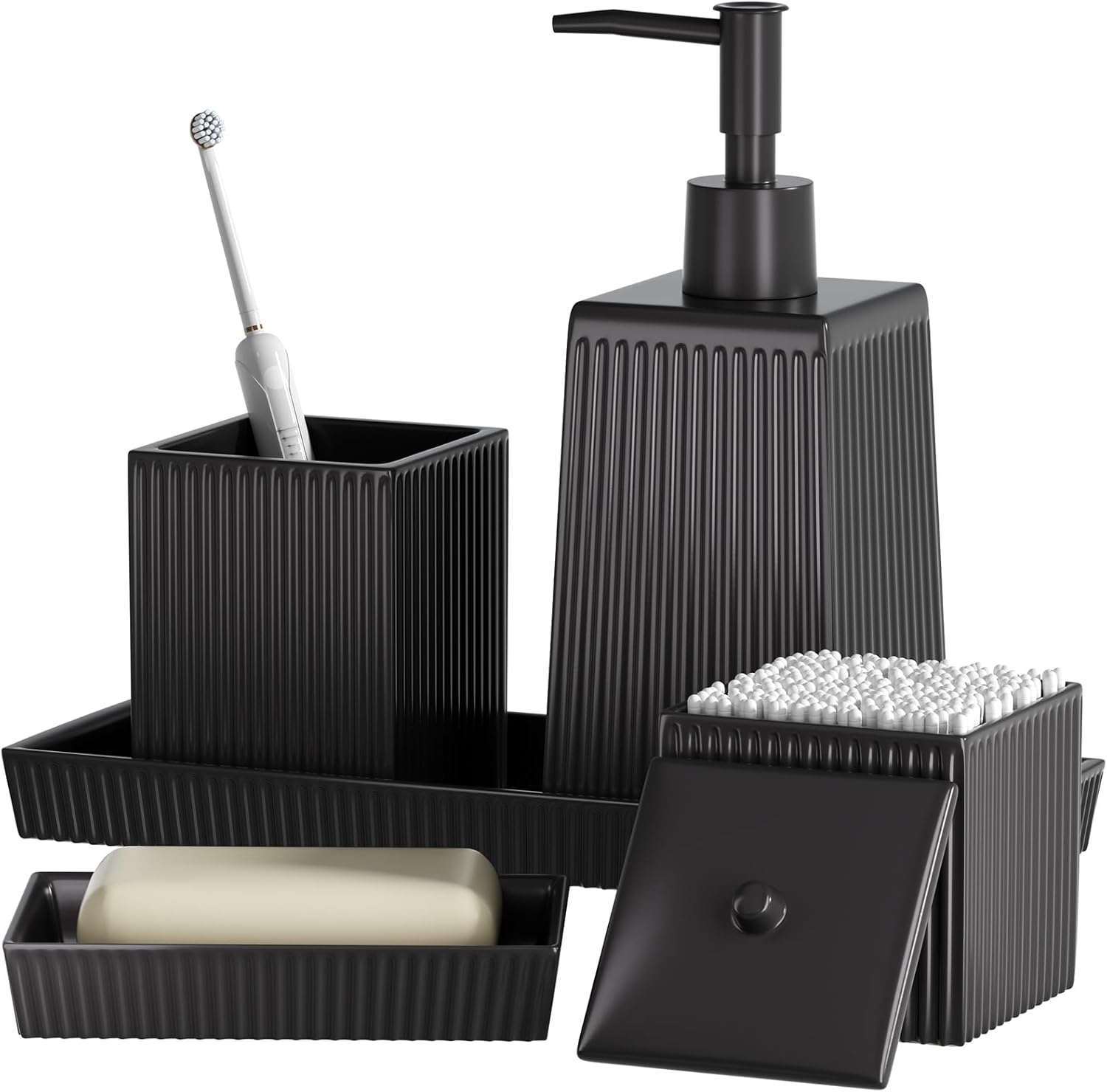 Bathroom Set - Black Bathroom Accessories Set, 5PCS Ceramic Bathroom Accessory Set, Bathroom Sets with Soap Dispenser, Toothbrush Tumbler, Soap Dish, Q-tip Holder & Vanity Tray