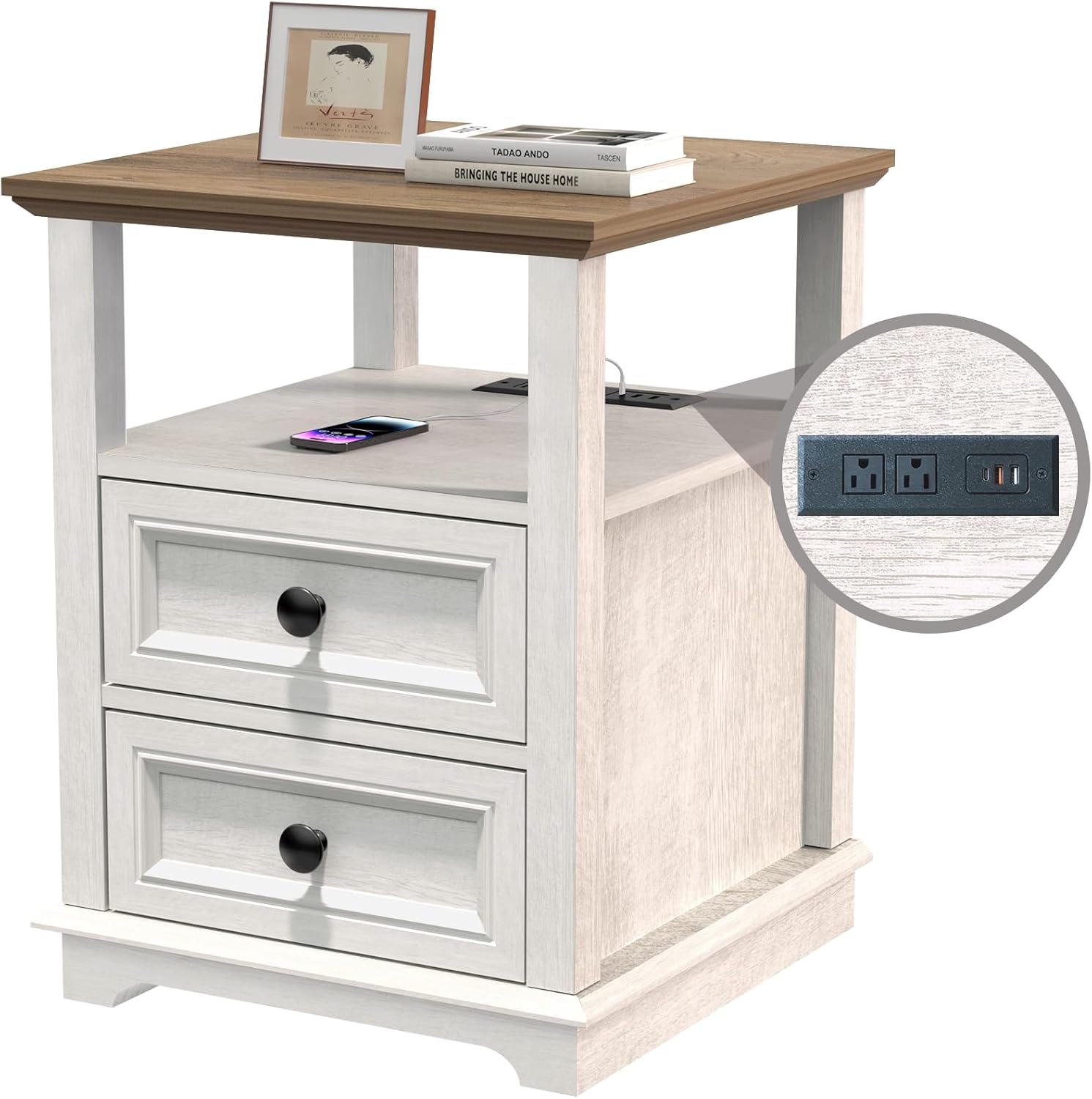 End Table with Fast USB C Charging Station, 24” Tall Sofa Side Table with 2 Drawers, Large Storage Rustic Wood Square Storage Cabinet for Living Room,Bedroom,Office, White