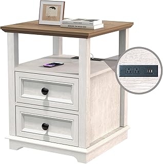 End Table with Fast USB C Charging Station, 24” Tall Sofa Side Table with 2 Drawers, Large Storage Rustic Wood Square Storage Cabinet for Living Room,Bedroom,Office, White