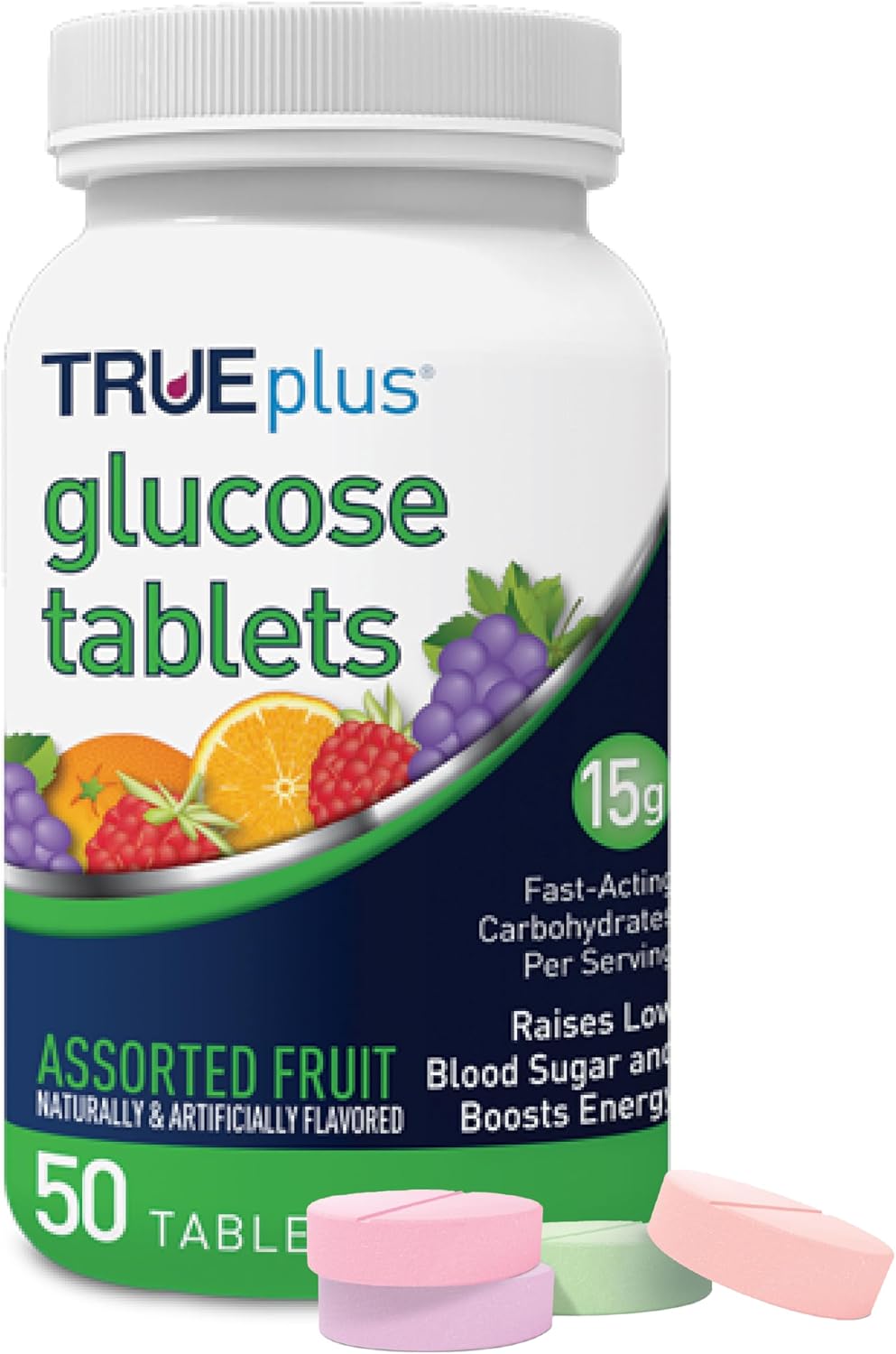 TRUEplus Glucose Tablets, Grape, Raspberry, Orange Flavors, 50 Count