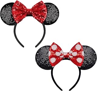 2 PCS Mouse Ears, Shiny Red Sequin Bow Mouse Ears Headbands for Adult Women Girls Christmas Birthday Party (Red&dot bow)