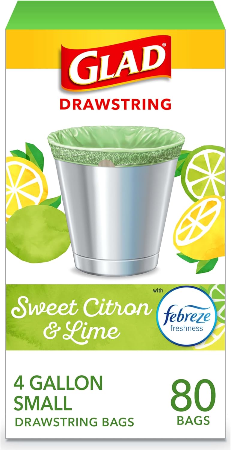 Glad Odorshield Small Drawstring Trash Bags, 4 Gal, Sweet Citron and Lime, 80 Ct, Pack May Vary