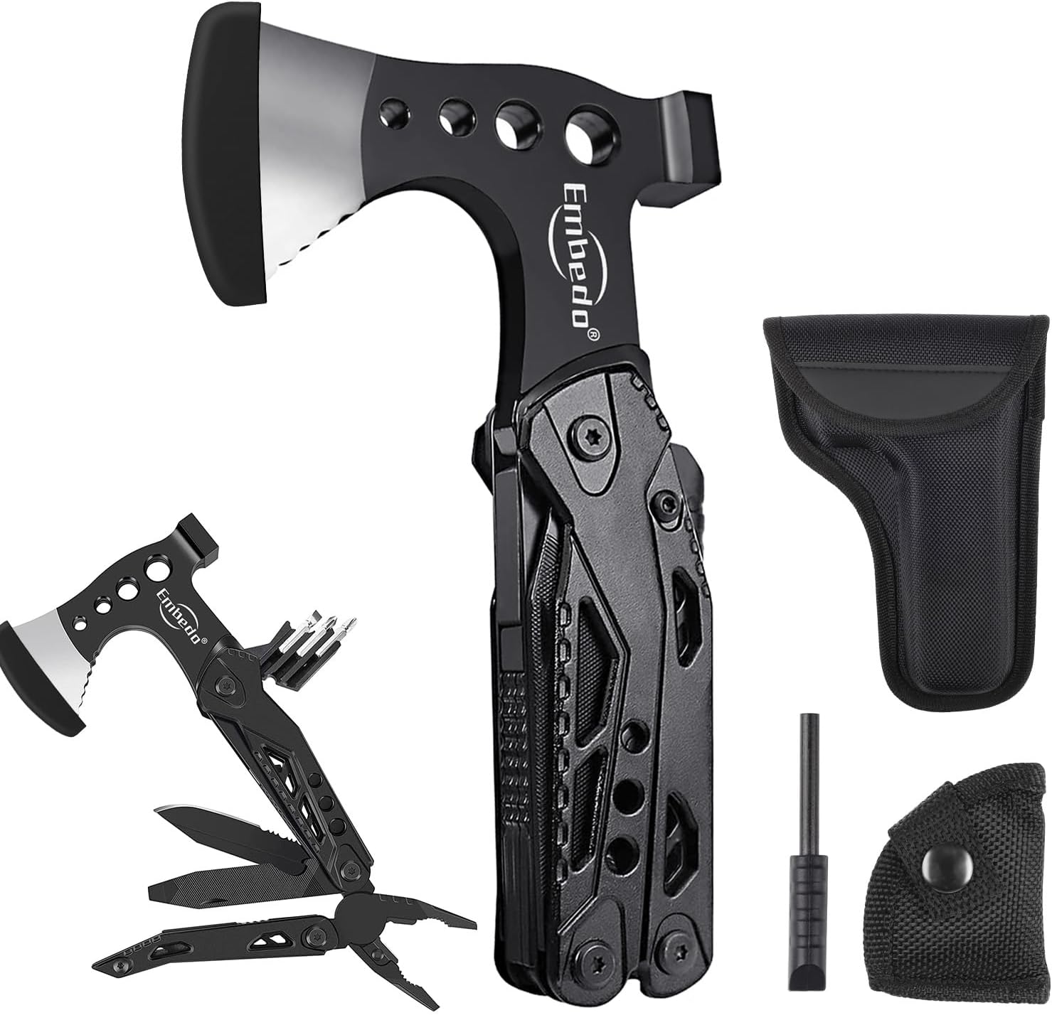 Embedo Multi-Tool Axe, Camping Multitool Accessories, Foldable 15 in1 Multitool Survival Equipment, Gift for Birthday/Father’s Day/Valentines, Gadgets for Men Outdoor, Camping, Hiking, Simple Repair