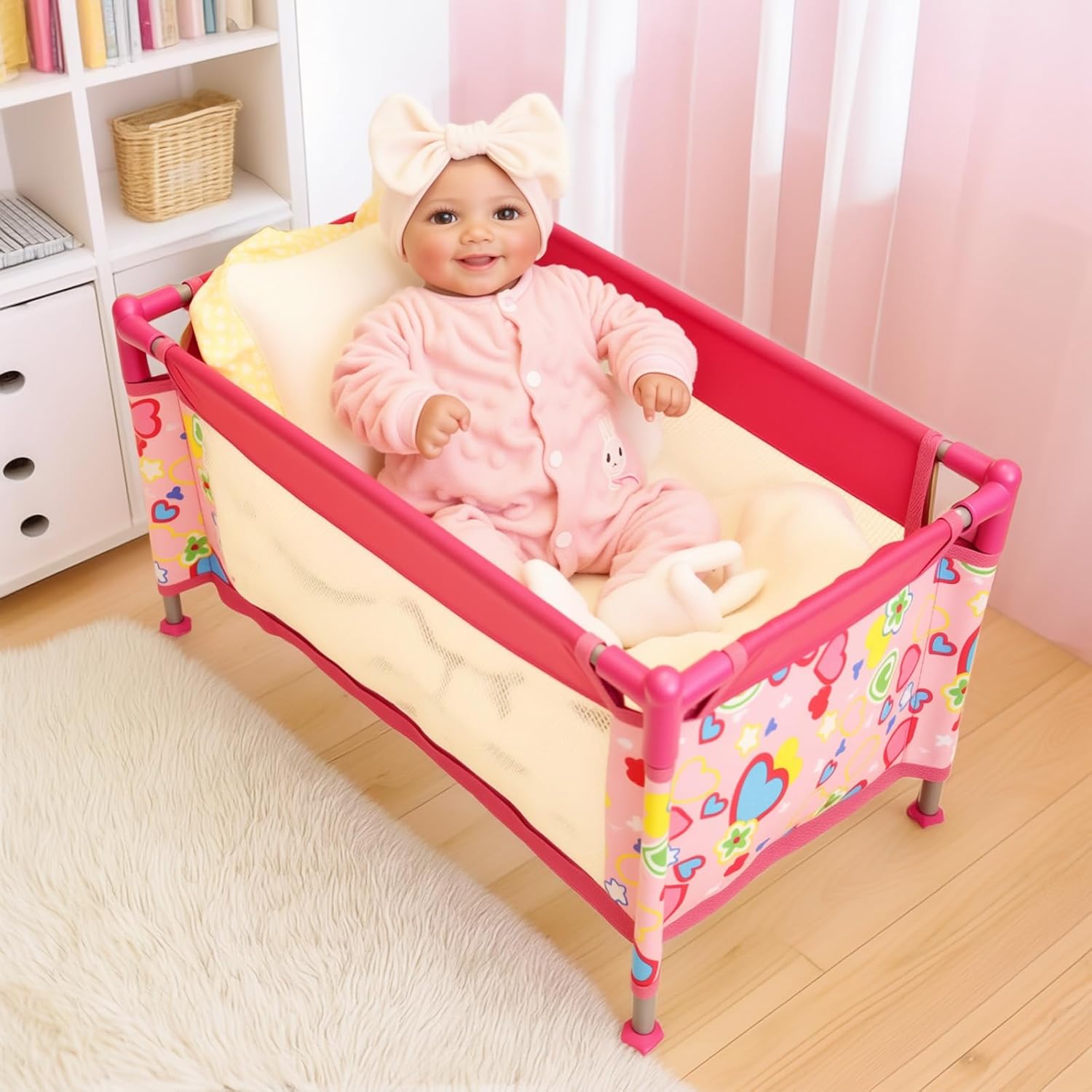 BABESIDE Baby Doll Crib with Storage Bag,Foldable Playpen Baby Doll Bed for 17-21" Reborn Dolls, Reborn Babies Dolls Accessories for Girls Age 3+,Pack n Play Toy Gift for Kids,Pink