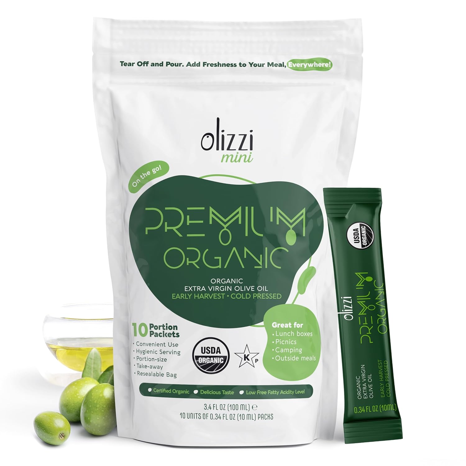 Olive Oil Packets - Olizzi Premium Organic Extra Virgin, New Harvest, Award Winning, Early Harvest, Cold Pressed, USDA Organic Certified, Single Serve, Mini, Salad Dressing To Go, Individual, Travel Size, 10 Single Use Packs (0.34 Fl Oz / Unit)