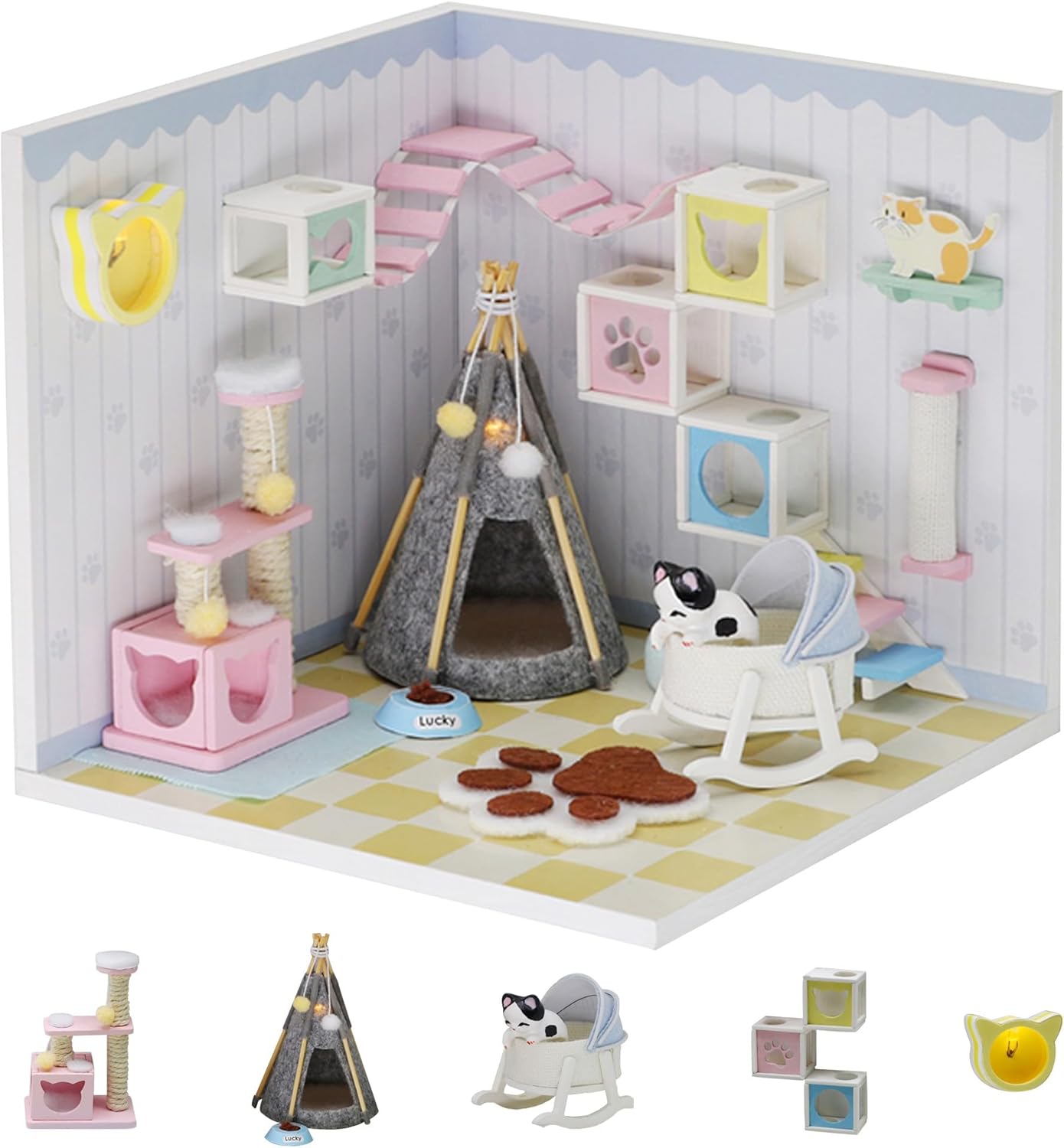 Kisoy Dollhouse Miniature with Furniture Kit, DIY 3D Wooden DIY House Kit A Corner of a Small Apartment Style with Dust Cover & LED,Handmade Tiny House Toys for Kids Adults Gift (Pet Room)