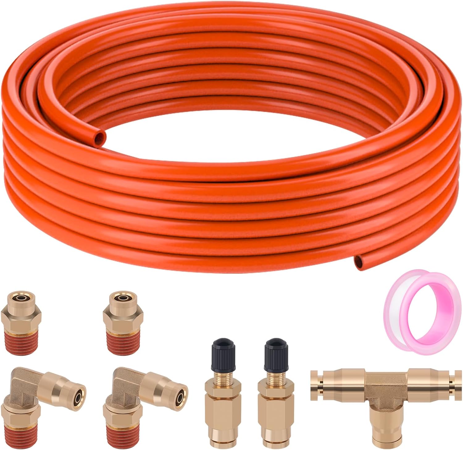 Air Line Service Kit for Air Spring Bag Suspension with Brass DOT Air Brake Line Fittings, 25 FT PA 1/4" DOT Air Line, Inflation Schrader Valve Air Bags Line Kit Replacement Component