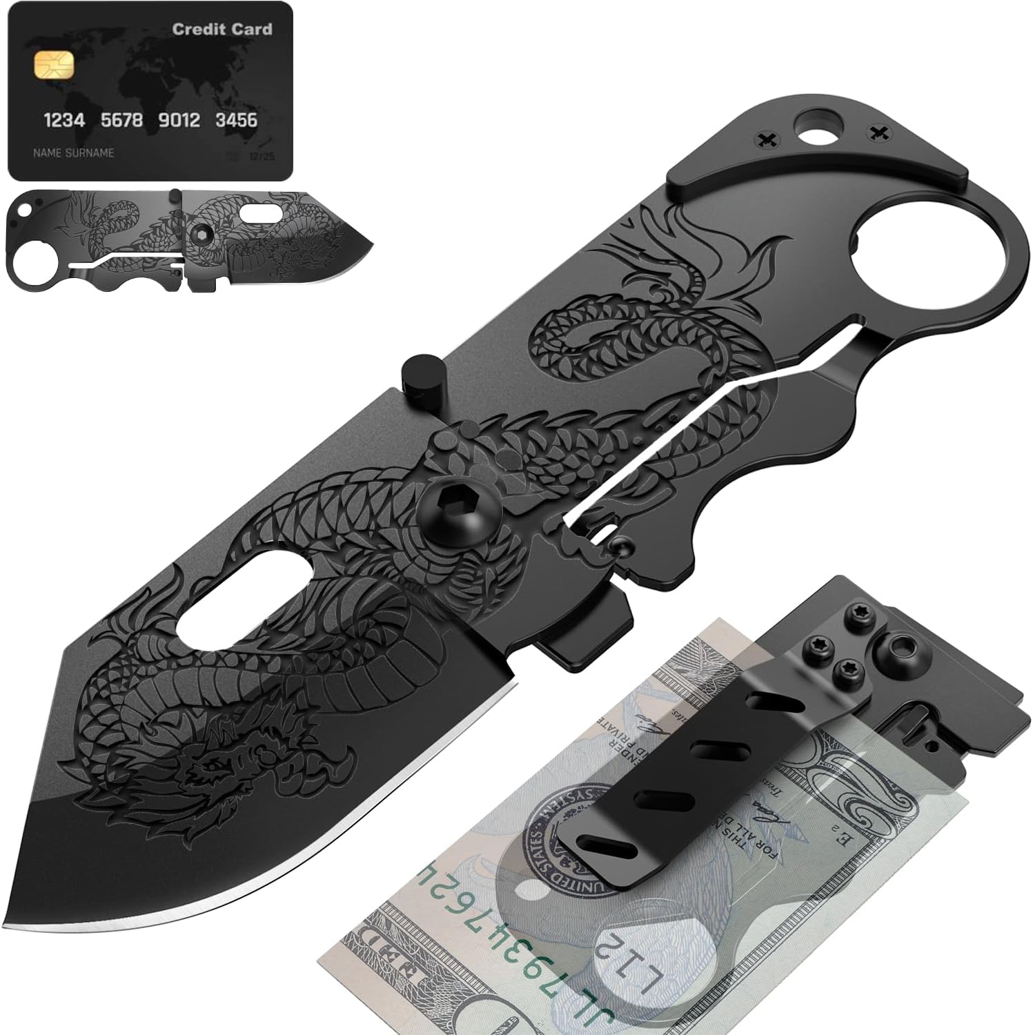 Pocket Knife - 2.36” Folding Sharp Blade with Money Clip - Unique Small Knife with Engraved Dragon Blade - Credit Card Holder for EDC- Birthday Gifts Ideas for Men & Women 6682