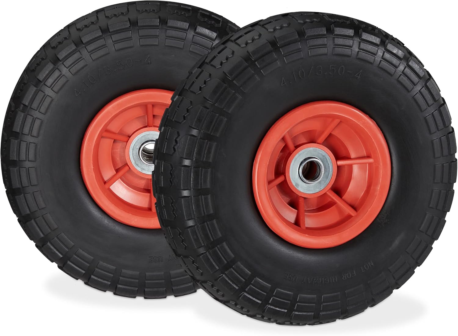 Relaxdays 2x sack truck wheel, puncture-proof solid rubber tires, 4.1/3.5-4”, 16 mm axle, up to 150 kg, 260x85 mm, black-red