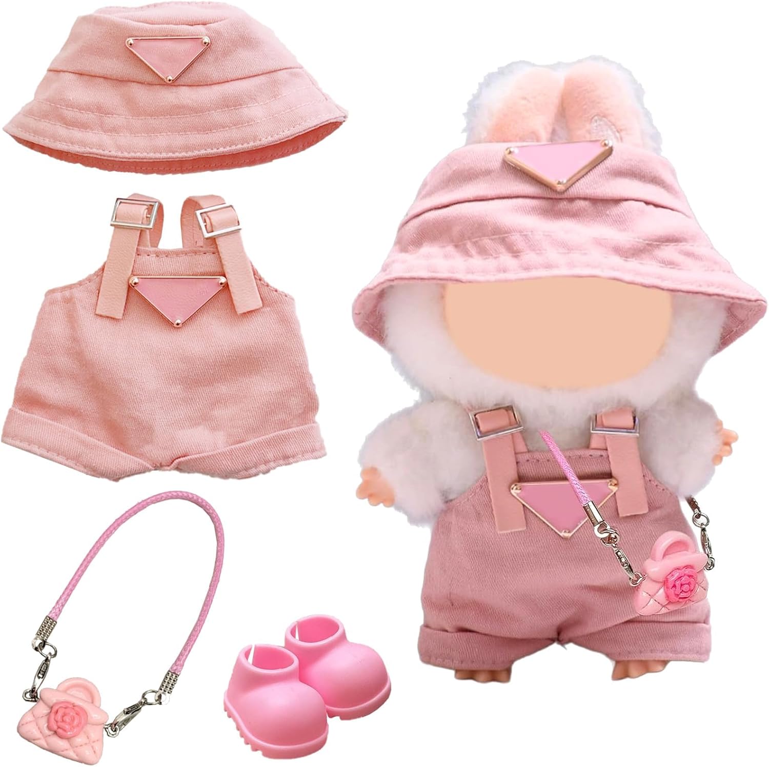 4 Pcs Doll Cloth for Labubu, 17cm Plush Dolls Cloth, Pink Set Include 1 Leggings 1 Fisherman's hat 1 Handbag 1 shoes for Dolls, Premium Outfit Birthday for Girls Kids (No Doll)