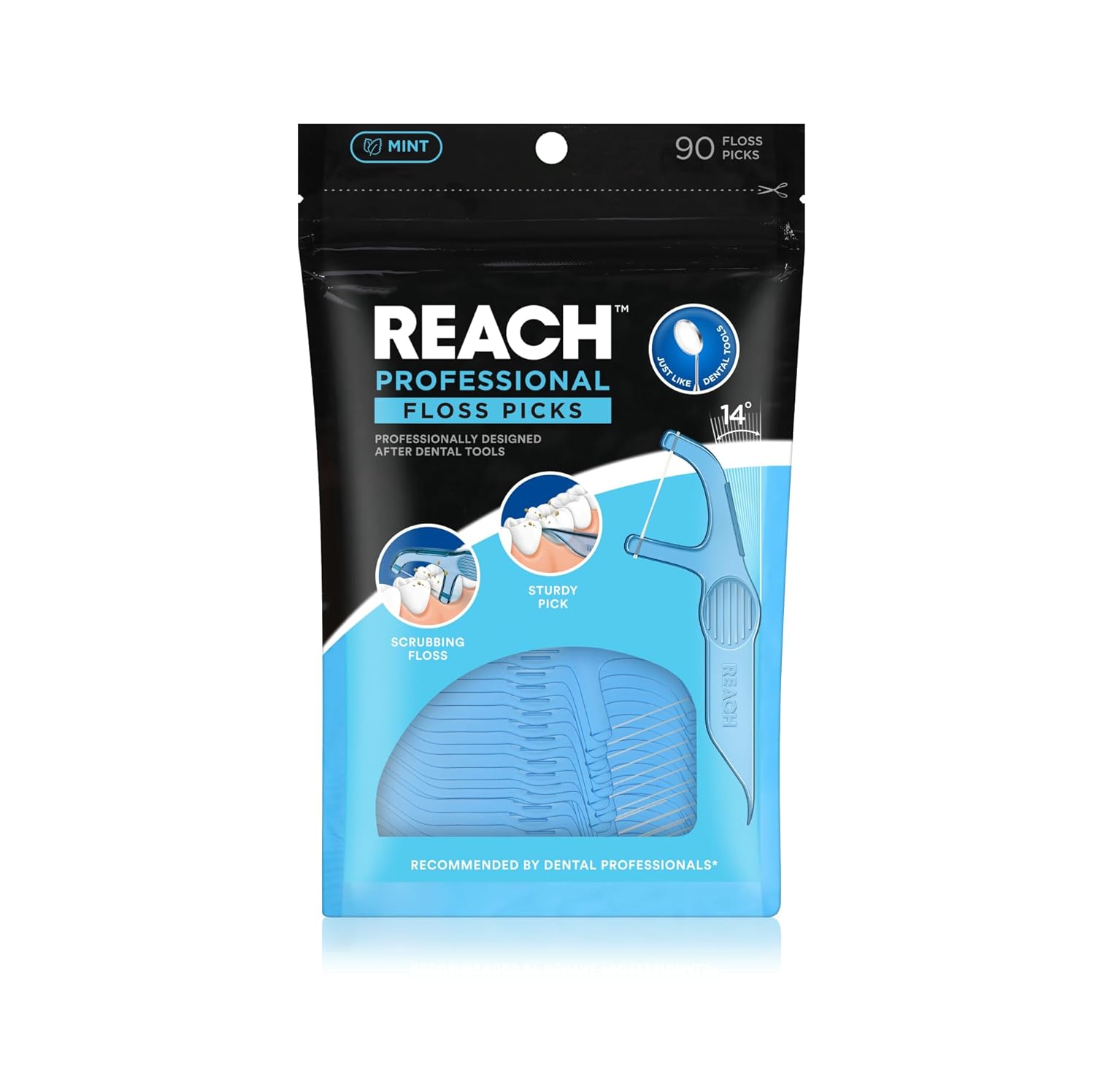 REACH Dental Floss Picks, 90-ct, Mint, Plaque Remover, Optimal Gum & Teeth Reach, Glides Easily, PFAS Free, Ergonomic Multi-Use Flosser for Adults, Oral Care