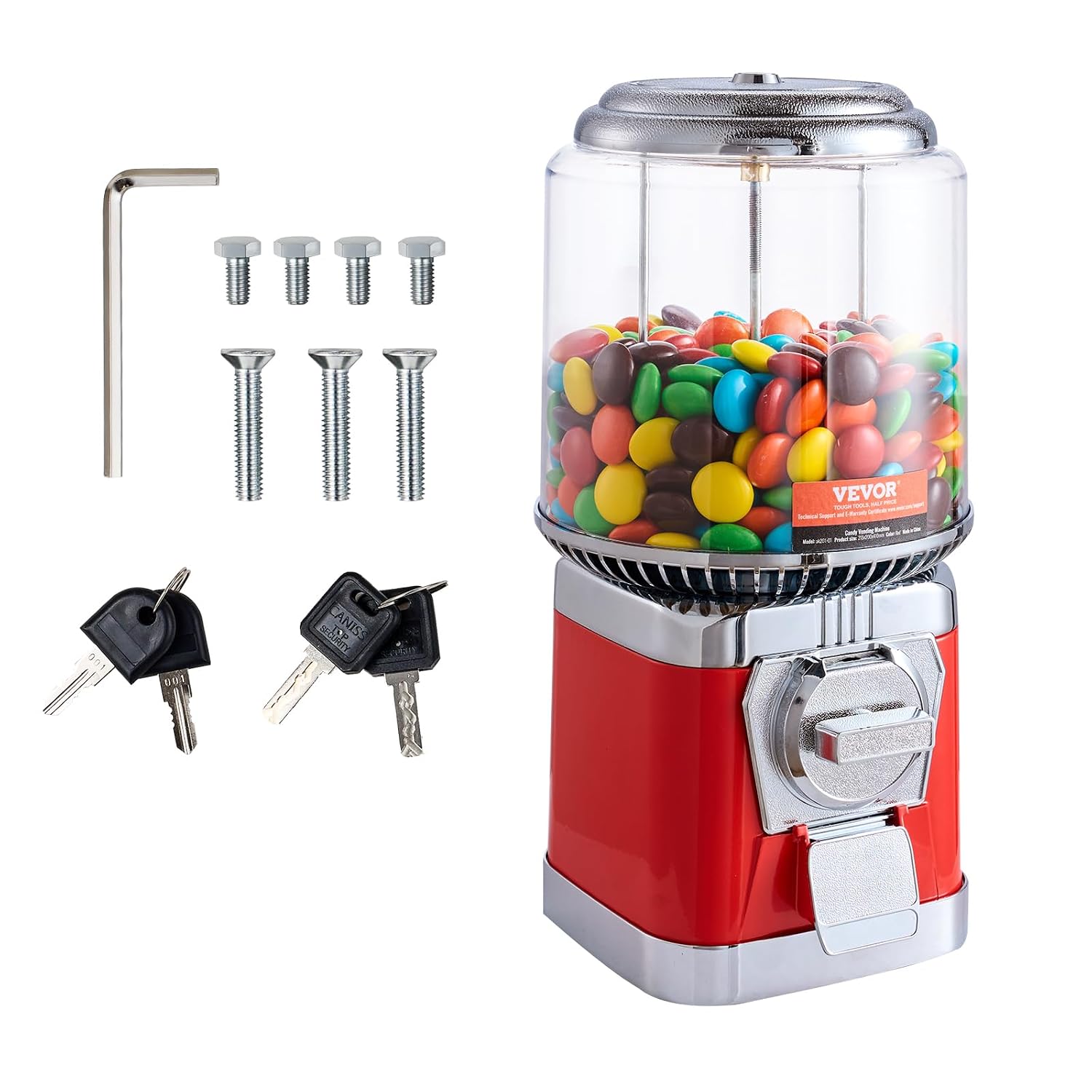 VEVOR Gumball Machine, 16"H Home Candy Vending Machine, PC Round Gumball Dispenser, Bubble Gum Machine for Game Stores, Coin Operated Gumball Bank for Toy Capsules Bouncy Balls Candy, Red