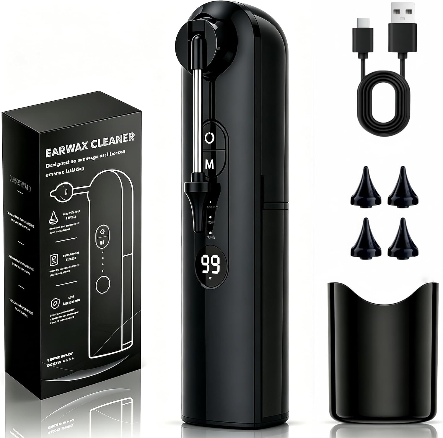 Ear Wax Removal Kit, Ear Cleaner with 4 Modes & Temperature Sensor, Safe Ear Irrigation Flushing System, IPX7 Waterproof for Home Use -Black