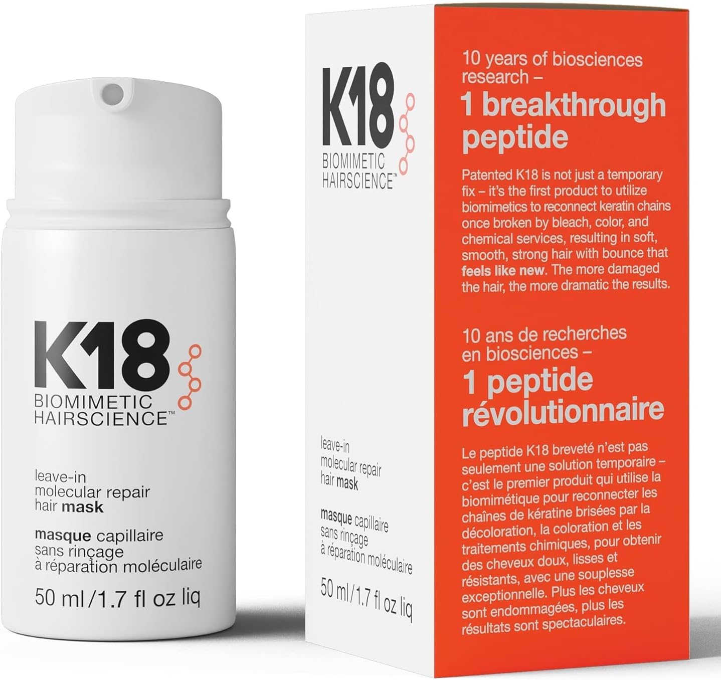 K18 Leave-In Molecular Hair Mask, Repairs Dry or Damaged Hair, Reverse Hair Damage from Bleach, Colour, Chemical Services & Heat