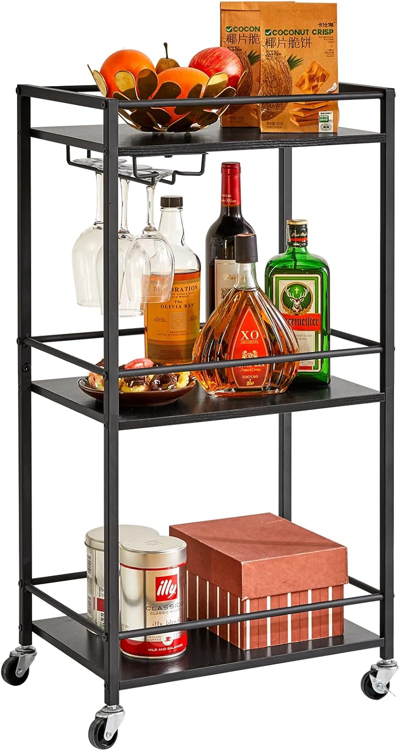 IBUYKE Home Bar Serving Cart,Small Bar Cart with 3-Tier, Mobile Drink Shelf with Wine Holders and Glass Holders,Mini Bar for Outdoor, Small Space, Kitchen Black TMJ519B