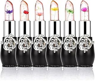 firstfly Pack of 6 Crystal Flower Jelly Lipstick, Long Lasting Nutritious Lip Balm Lips Moisturizer Magic Temperature Color Change Lip Gloss (Black)