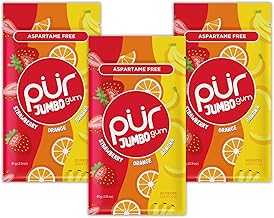 PUR Jumbo Gum | Aspartame Free Chewing Gum | 100% Xylitol | Natural Strawberry, Banana, Orange Flavor, 20 Pieces (Pack of 3)
