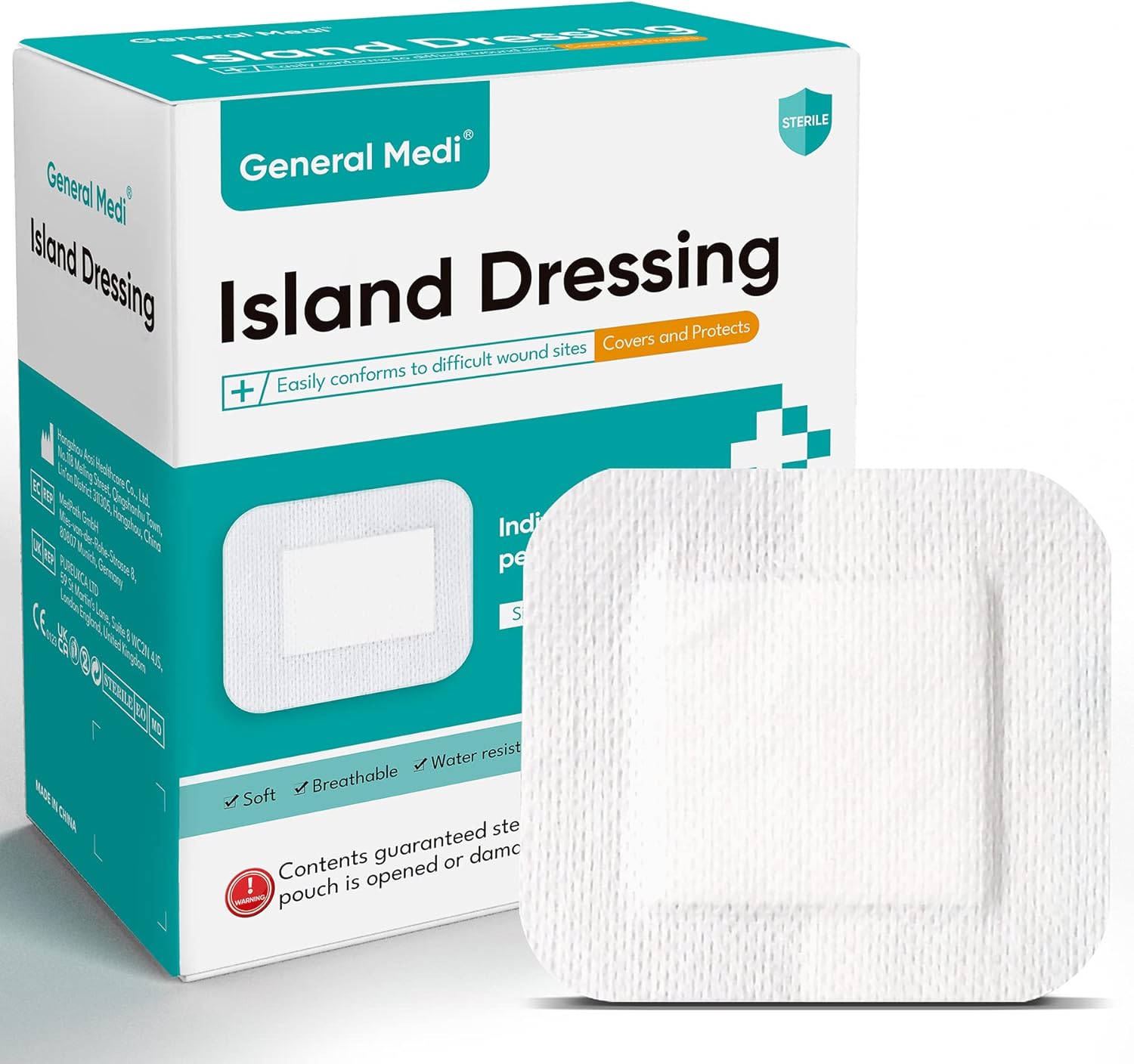 General Medi Sterile Island Dressing Bordered Gauze – 50 Count (10x10cm) Gauze Pads, Wound Care Pad with Adhesive Border - Sterile, Soft & Highly Absorbent Medical Grade Dressing Pad