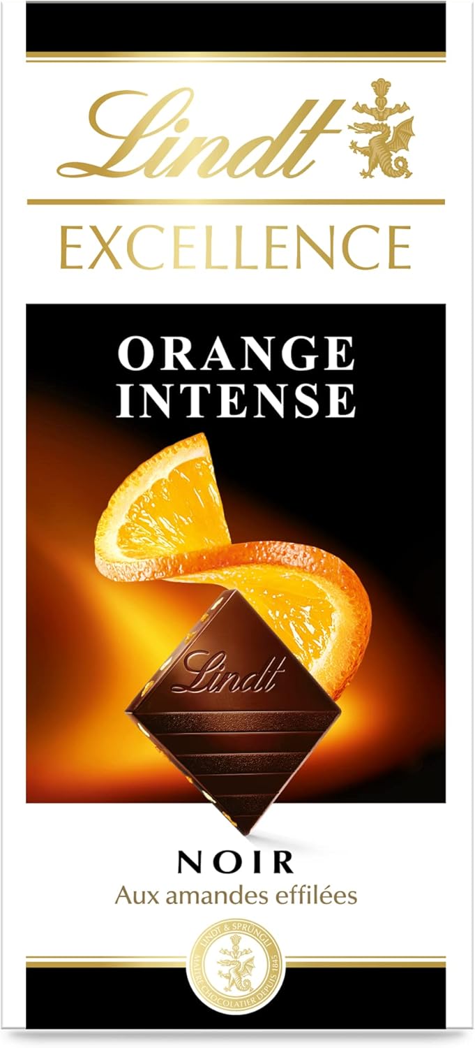 Lindt almond black tapered orange intense 100g tablet