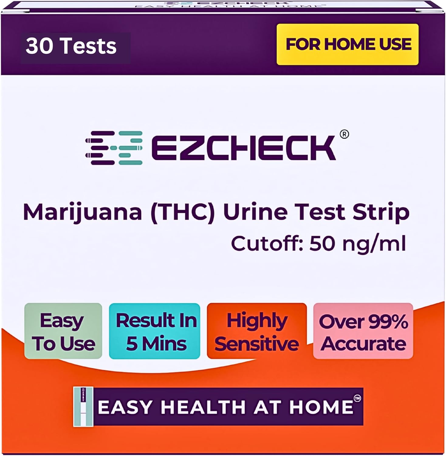 [30 Tests] EZCHECK® Highly Sensitive at Home Marijuana Drug Test Strip, THC Urine Drug Test, Easy Home Drug Test, 50 ng/ml - Fast Result in 5 mins - FSA/HSA Eligible