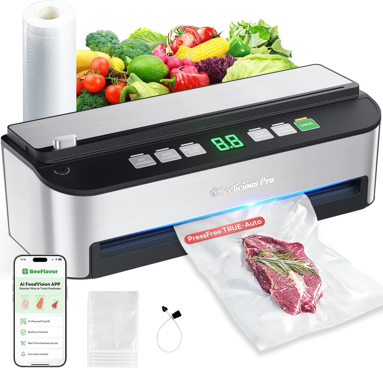 PressFree TRUE-Auto Vacuum Sealer Machine, Beelicious 85KPA Fully Automatic 8-IN-1 Food Sealer with Bags Storage, Build-in Cutter, Moist Mode and Air Suction Hose | Digital Countdown | Sous Vide