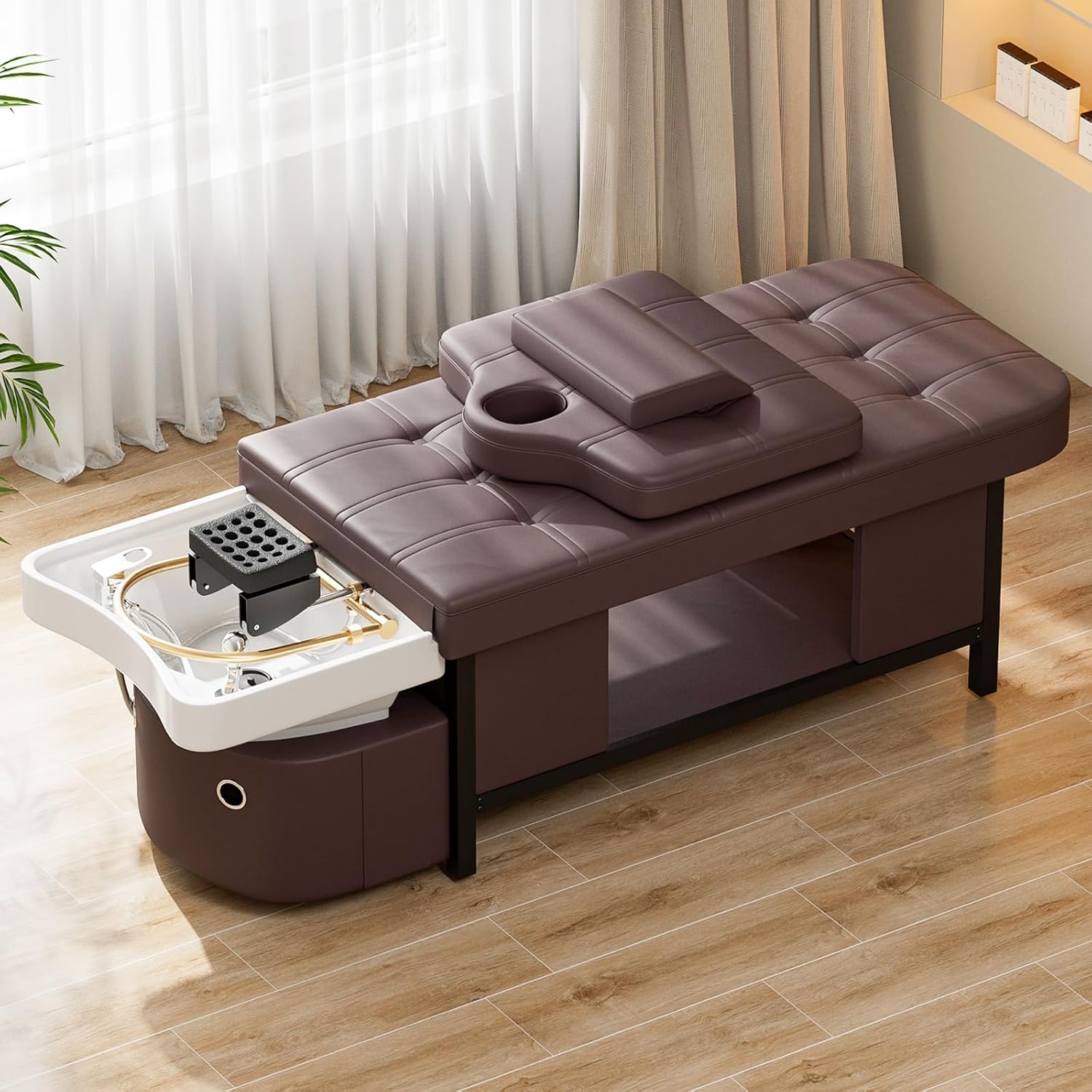 SyyBhb 2-in-1 Shampoo and Massage Bed with Waterfall Head Spa Equipment and Storage, Suitable for Barbershops Beauty Salon Spa Treatment Therapy Home Use, Brown