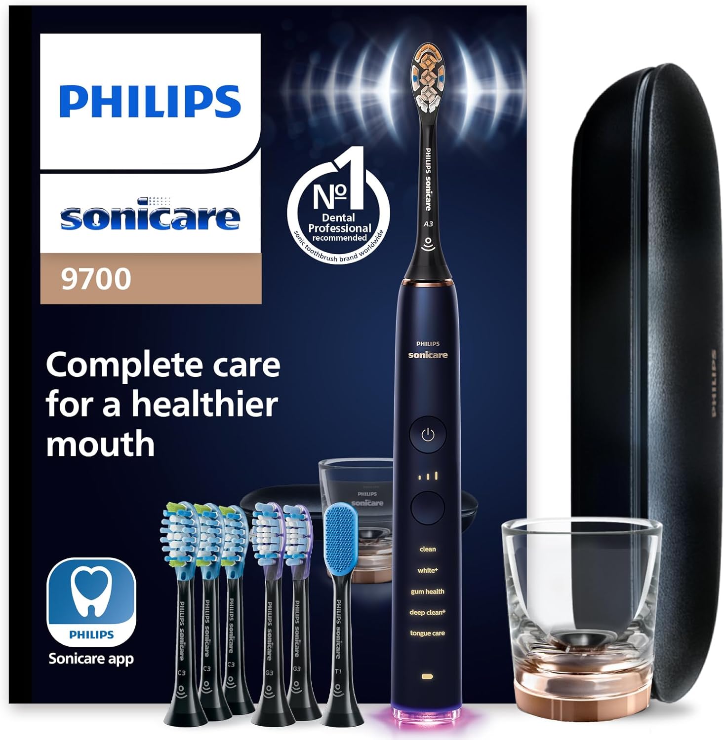 Philips Sonicare DiamondClean Smart 9700 Electric Toothbrush, Sonic Toothbrush with App, Pressure Sensor, Brush Head Detection, 5 Brushing Modes and 3 Intensity Levels, Lunar Blue, Model HX9957/71