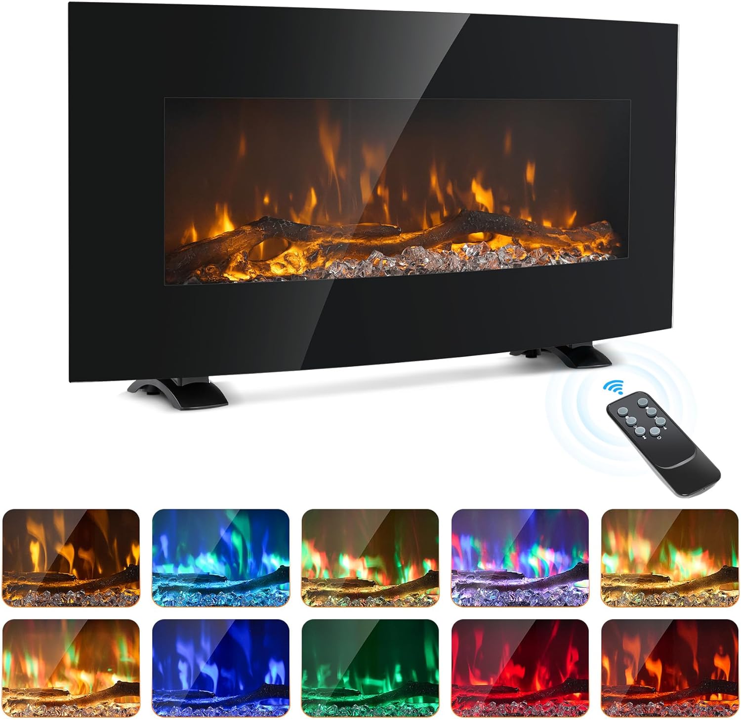 VONLUCE Electric Fireplace Heater 85cm Freestanding or Wall Mount 3 Flame Effect Burner for Bedroom Living Room, 900W 1800W Curved Log Display with Remote Thermostat Timer Colour & Brightness Settings