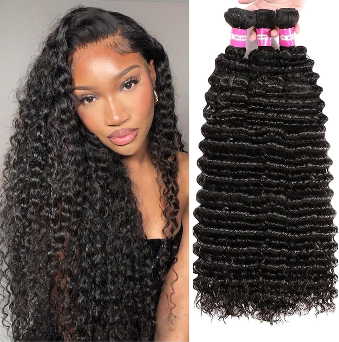 Deep Wave Bundles Human Hair 10A Unprocessed Brazilian Virgin 3 Bundles 16 16 16 Inch Wet and Wavy Curly Weave Bundles for Black Women Natural Color