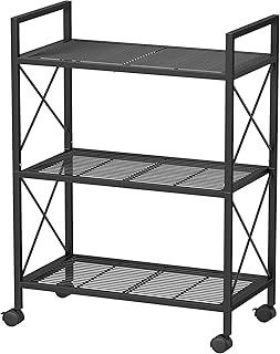SONGMICS 3-Tier Metal Storage Rack with Wheels, Mesh Shelving Unit with X Side Frames, 23.6-Inch Width, for Entryway, Kitchen, Living Room, Bathroom, Industrial Style, Black UBSC163B01