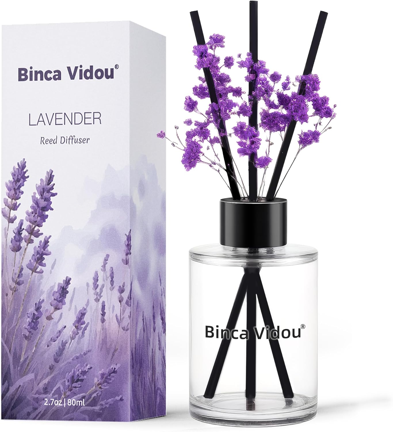 Binca Vidou Reed Diffuser, 80ml Lavender Reed Oil Diffusers Set for Office Decor Bedroom Living Room Aromatherapy for Gift Idea & Stress Relief